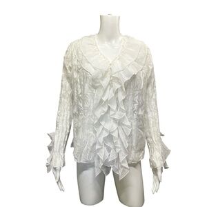 Vintage White Burnout Bamboo Ruffle Blouse | Size L Petite